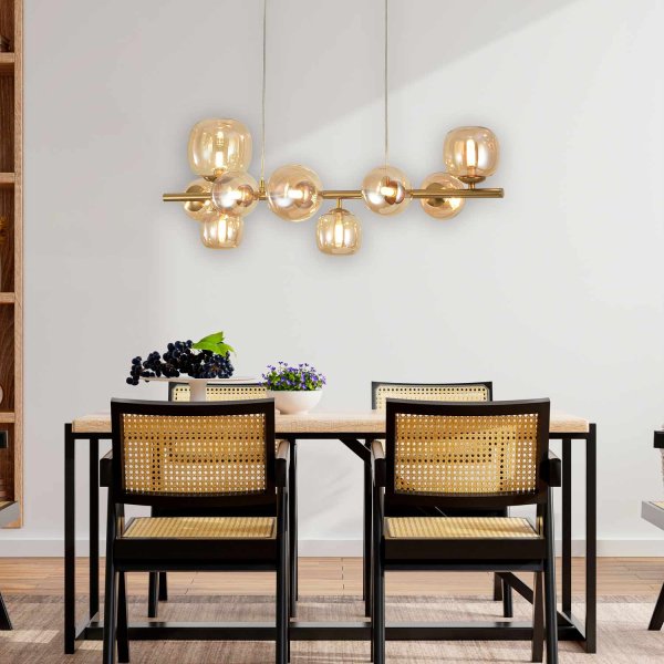 Suspension OKO 10 lumières ambre, grand ensemble de verres ambre